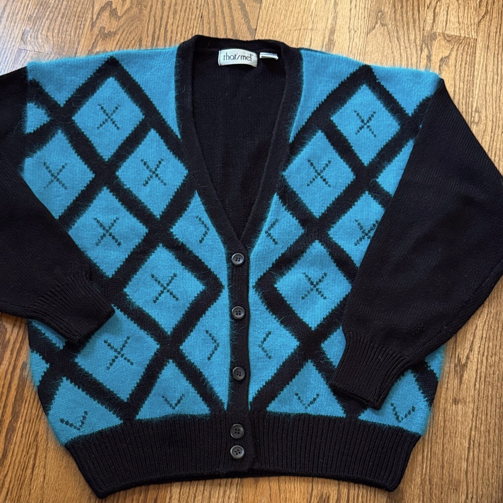 That's Me vintage cardigan sweater angora blend argyle diamond blue black large